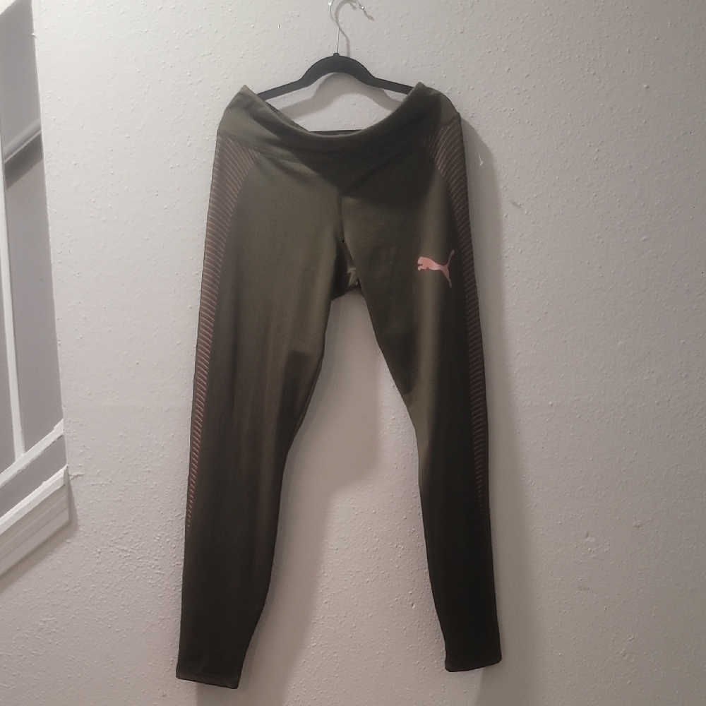 Puma Khaki Leggings with Pink Highlights